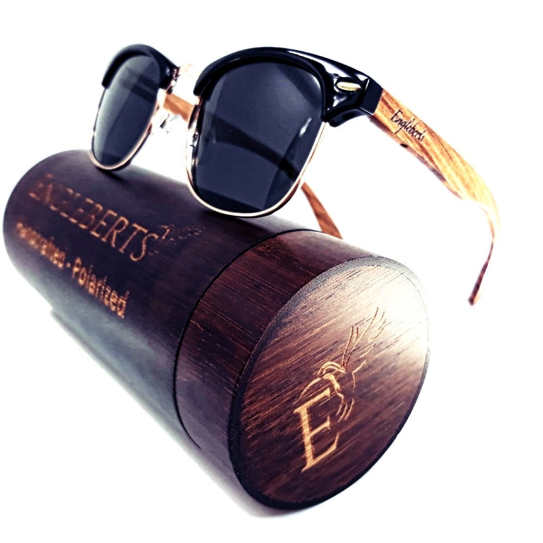 Real Walnut Wood Club Style Sunglasses With Bamboo Case, Polarized - Day Trip So Cal