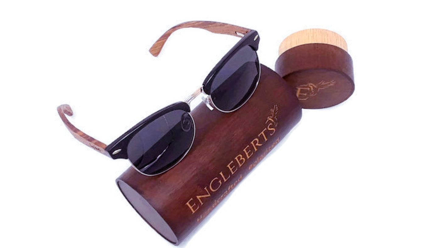 Real Walnut Wood Club Style Sunglasses With Bamboo Case, Polarized - Day Trip So Cal