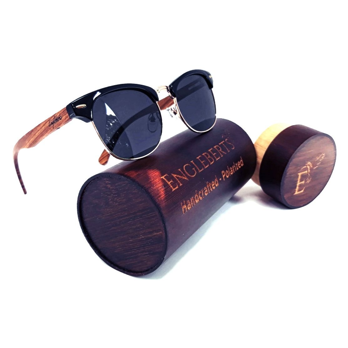 Real Walnut Wood Club Style Sunglasses With Bamboo Case, Polarized - Day Trip So Cal