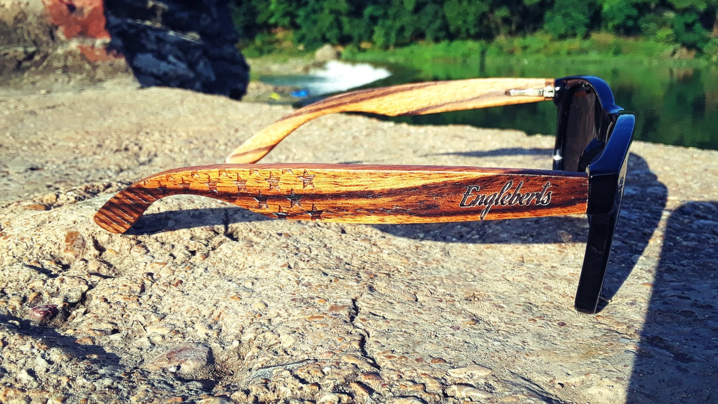 Zebrawood Sunglasses, Stars and Bars With Wooden Case, Polarized, - Day Trip So Cal